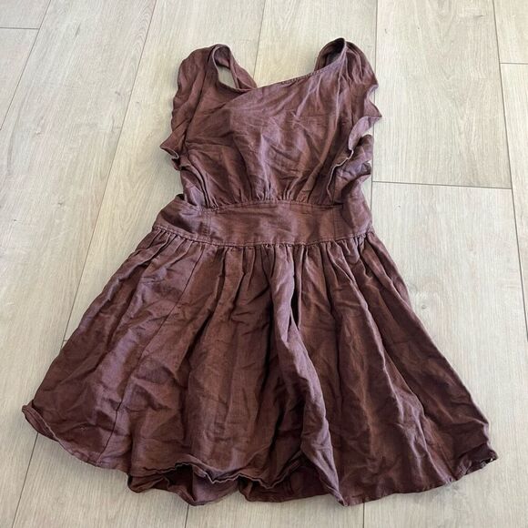 Free People brown pinafore Ruffle Sleeve Mini Linen Colette Dress size M - Picture 1 of 7